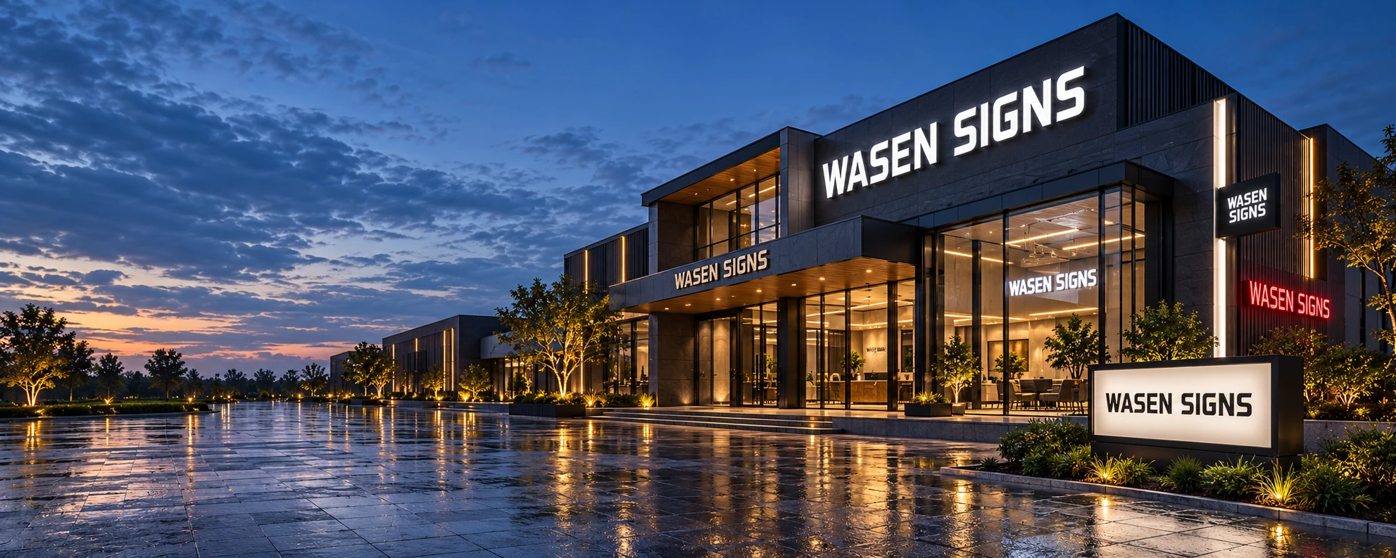 WASEN SIGNS architectural showroom concept at dusk featuring illuminated channel letters, metal lettering, neon signage and lightbox displays