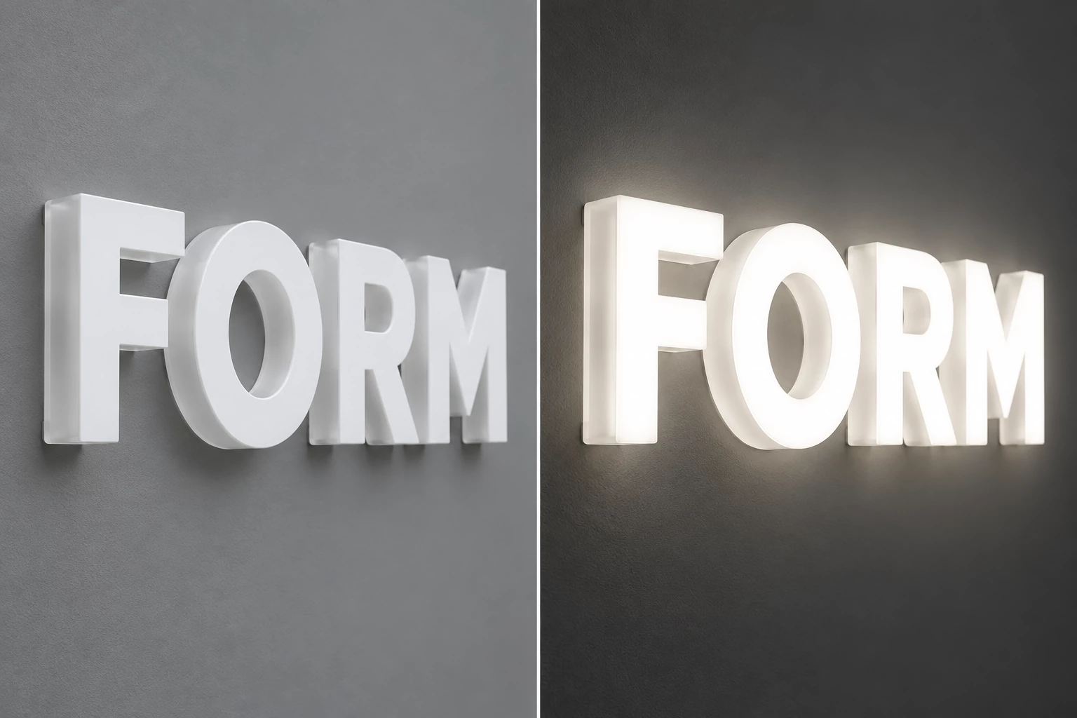 Side-by-side FORM acrylic letters with LEDs off on the left and white face and side illumination on the right