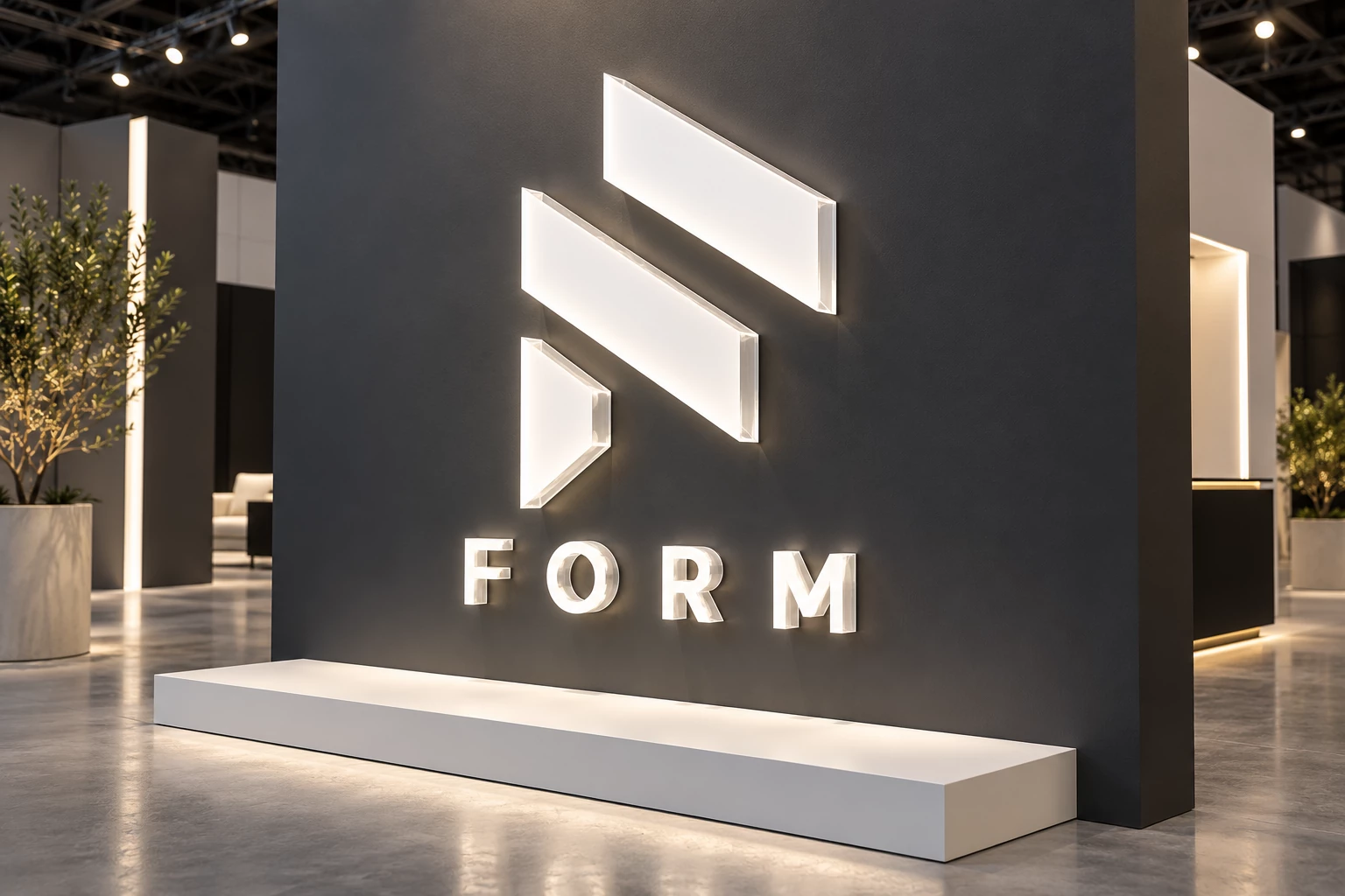 White illuminated acrylic geometric logo and FORM lettering on a dark exhibition display wall