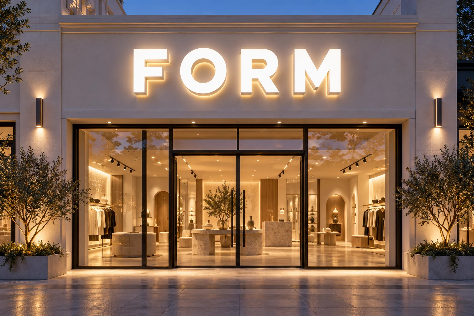 Large illuminated FORM acrylic letters above the glass entrance of a modern boutique at dusk