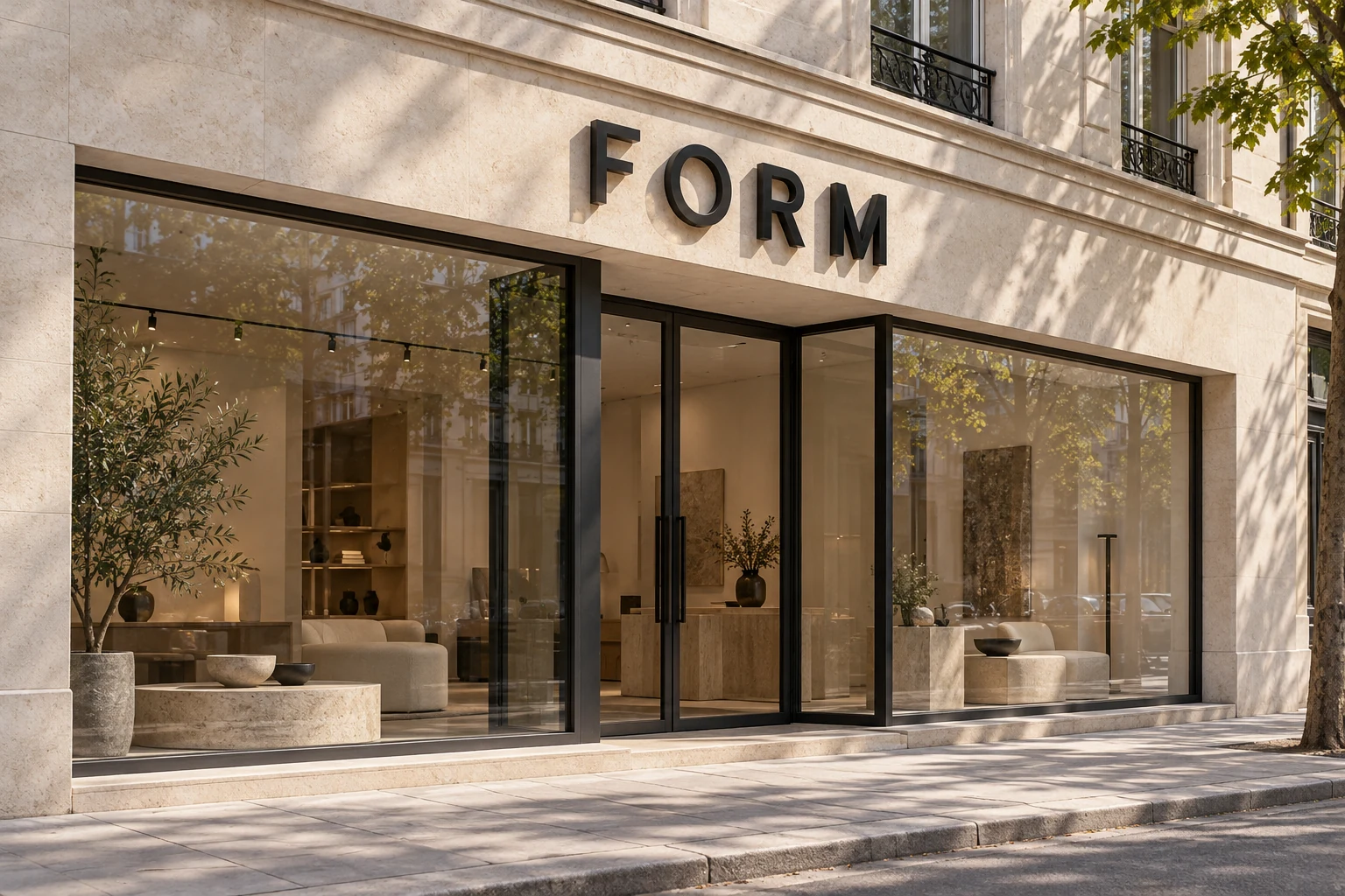 Matte black FORM dimensional metal letters mounted above a glass boutique storefront in daylight