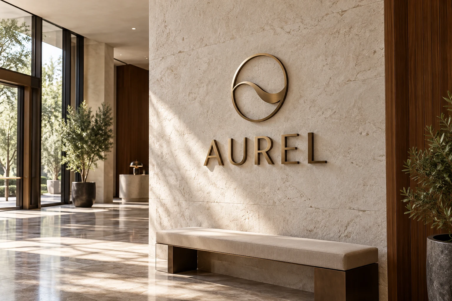 Warm brass AUREL letters and a circular metal emblem on an ivory stone hotel lobby wall
