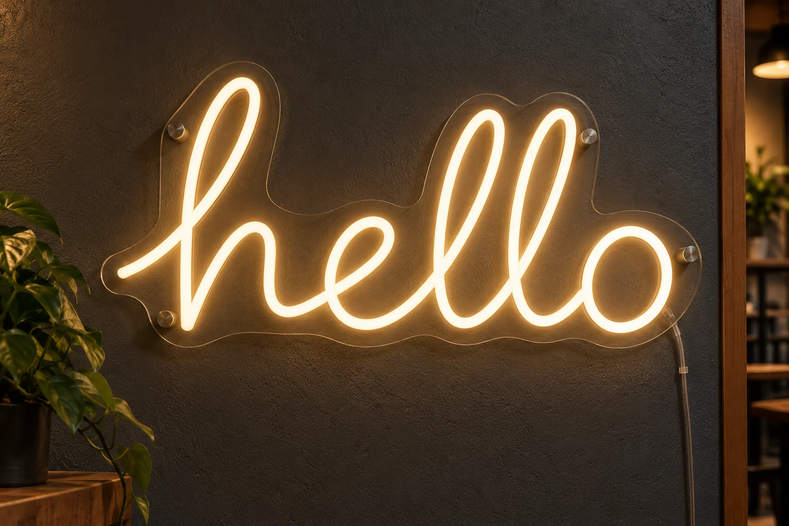 Warm white hello LED neon sign on a clear acrylic backplate