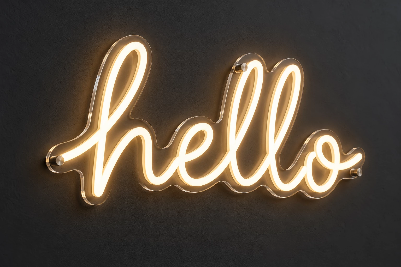 Warm white hello script made from flexible LED neon on a clear contour-cut acrylic backboard against a charcoal wall