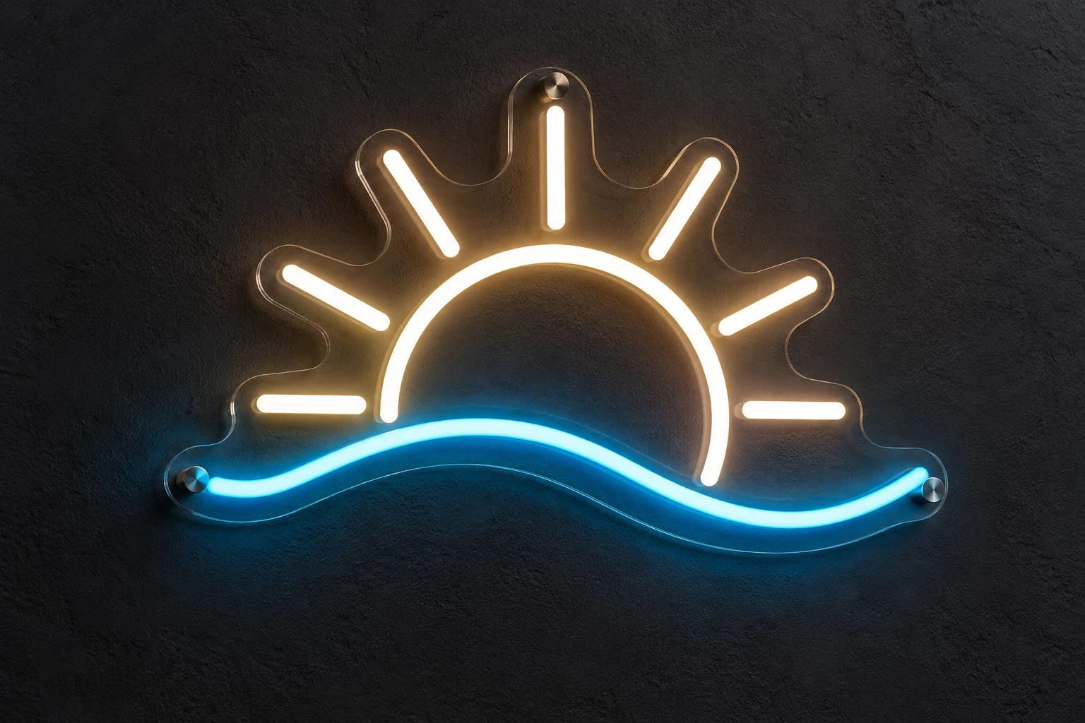 Cyan and warm white rising sun and wave logo formed from flexible LED neon on a transparent acrylic backboard