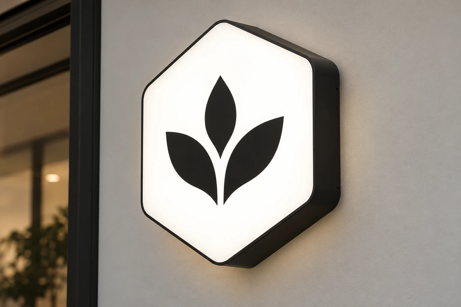 Hexagonal custom-shaped lightbox with a black leaf emblem, illuminated white face and deep black side returns