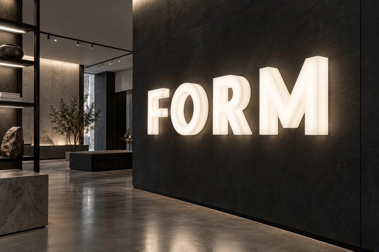 Full-lit acrylic FORM letters with glowing faces and sides on a boutique interior display wall