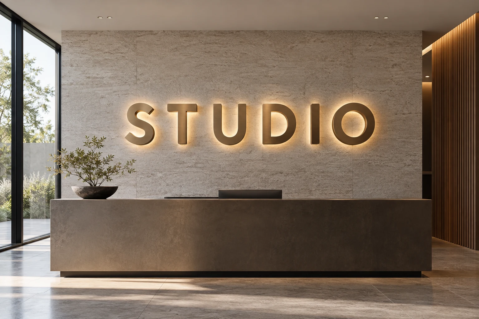 Bronze STUDIO letters with warm rear halos above a minimalist office reception desk
