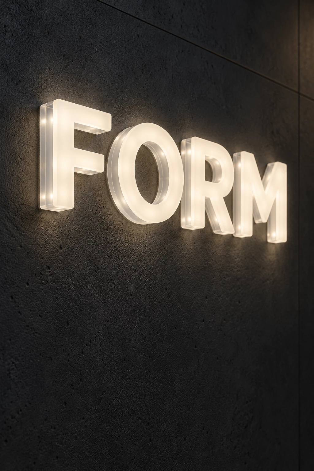 Illuminated acrylic FORM letters with glowing faces and translucent edges on a dark wall