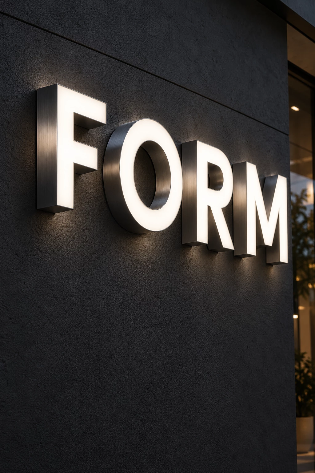 Front-lit LED channel letters spelling FORM with white acrylic faces and brushed metal sides on a dark wall