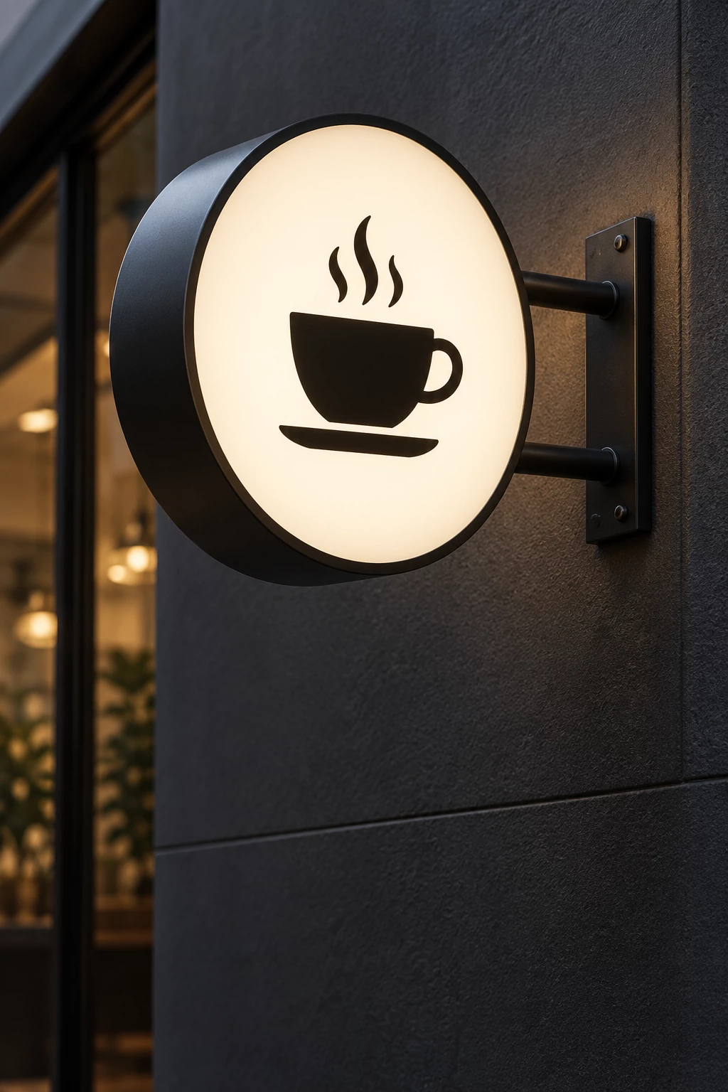 Round projecting lightbox sign with an illuminated coffee cup graphic and black metal cabinet