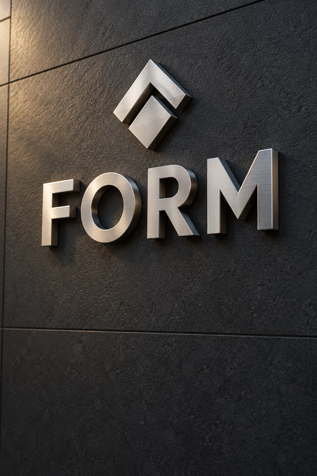 Non-illuminated brushed stainless steel FORM letters and geometric logo mounted on a dark textured wall