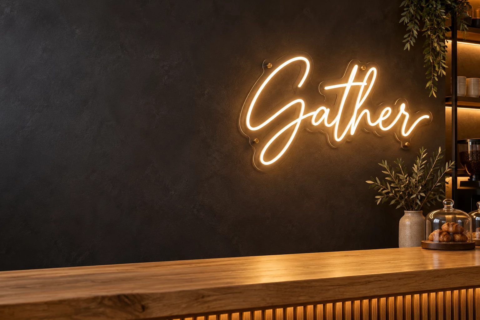 Warm white Gather LED neon lettering on a clear acrylic backboard above an oak cafe counter against a dark wall