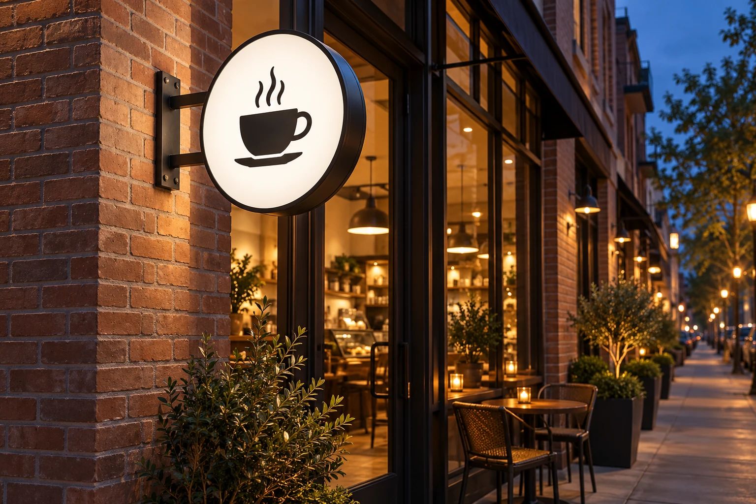 Round double-sided cafe lightbox with a coffee cup emblem projecting from a brick facade at blue hour