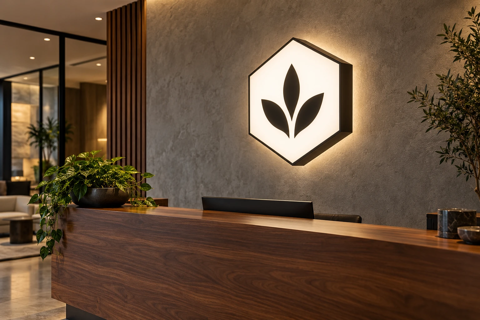 Custom hexagonal leaf-logo lightbox illuminated on a textured reception wall above a walnut desk