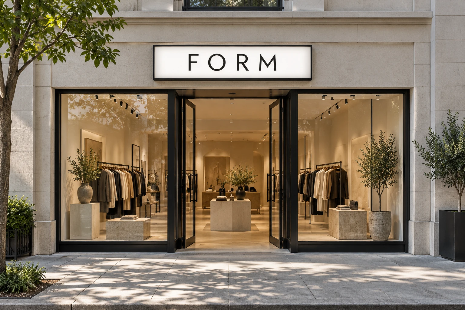 Rectangular FORM lightbox mounted above the entrance of a modern retail boutique