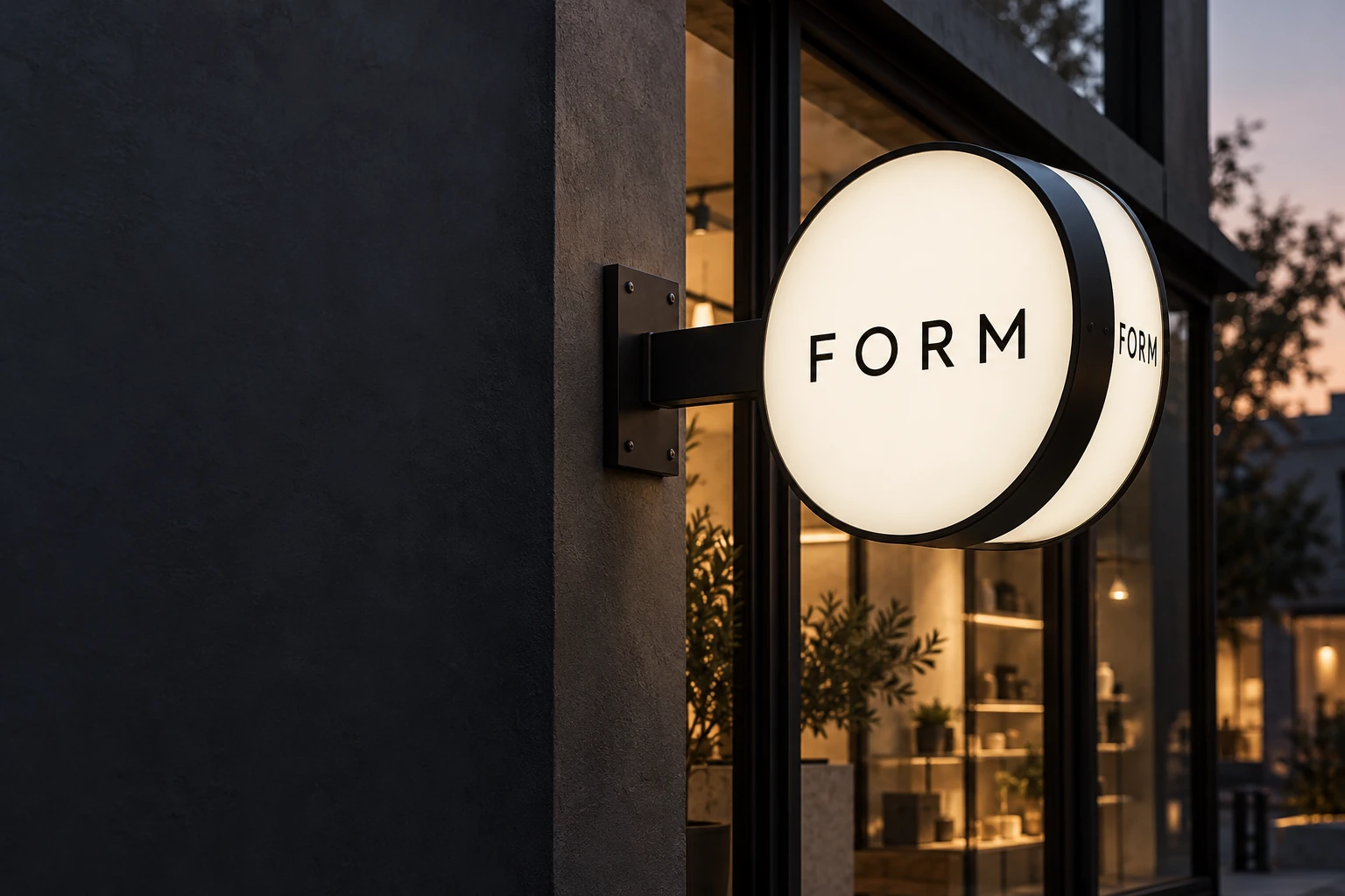 Round illuminated FORM lightbox projecting from a dark boutique storefront at dusk