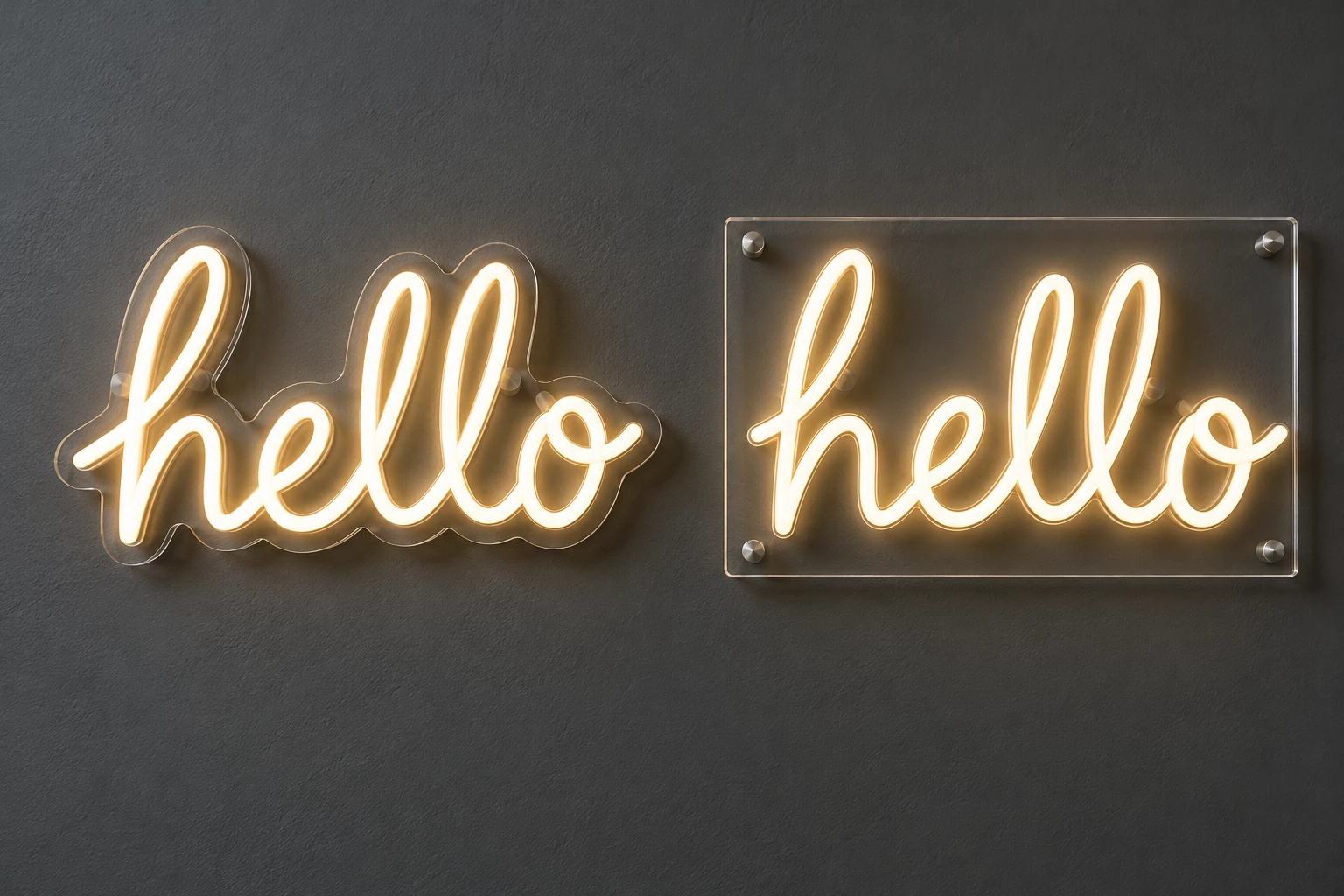 Two warm white hello LED neon signs comparing a clear contour-cut acrylic backboard on the left with a rectangular clear backboard on the right