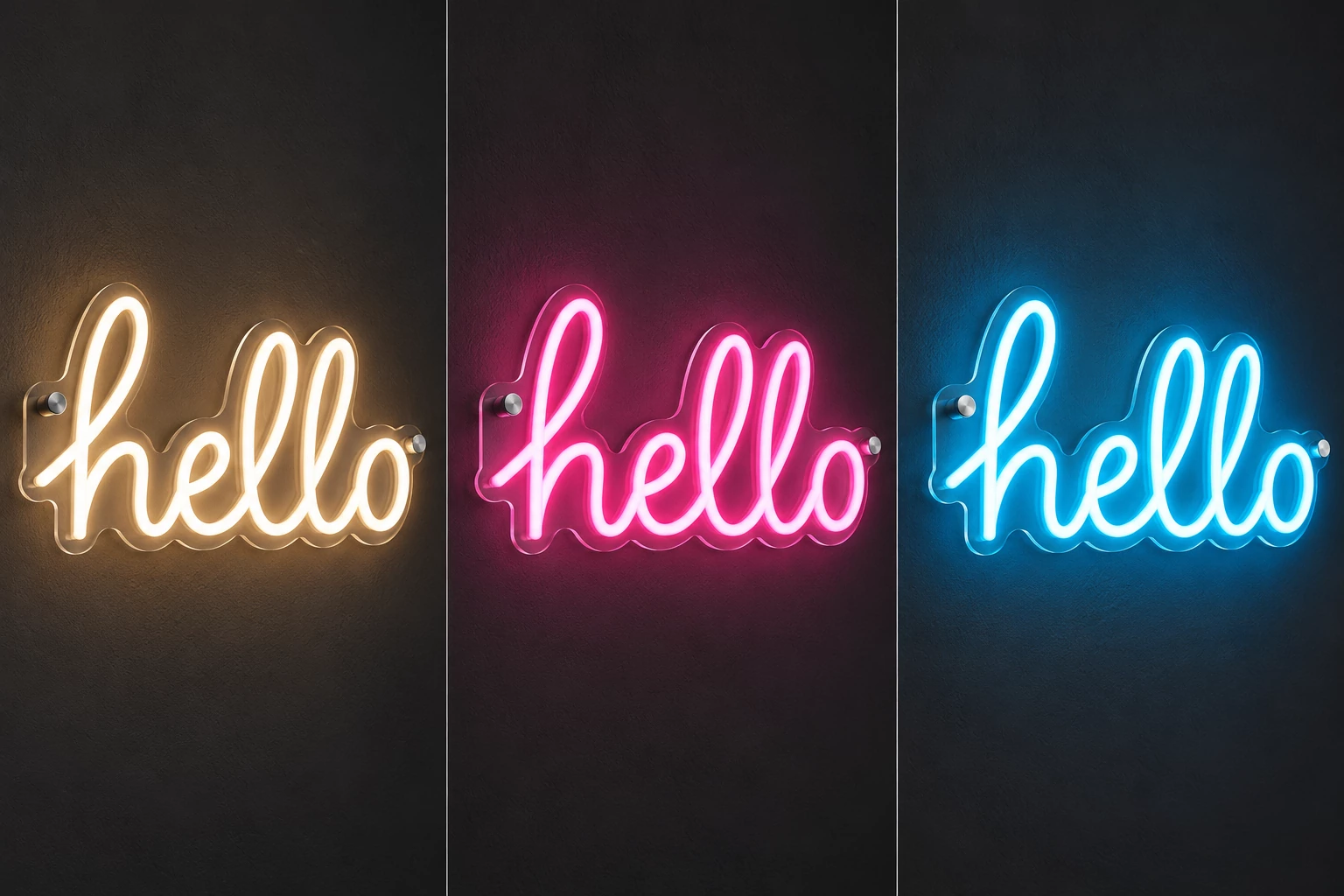 Three matching hello LED neon signs shown in warm white, rose pink and cyan blue against charcoal backgrounds