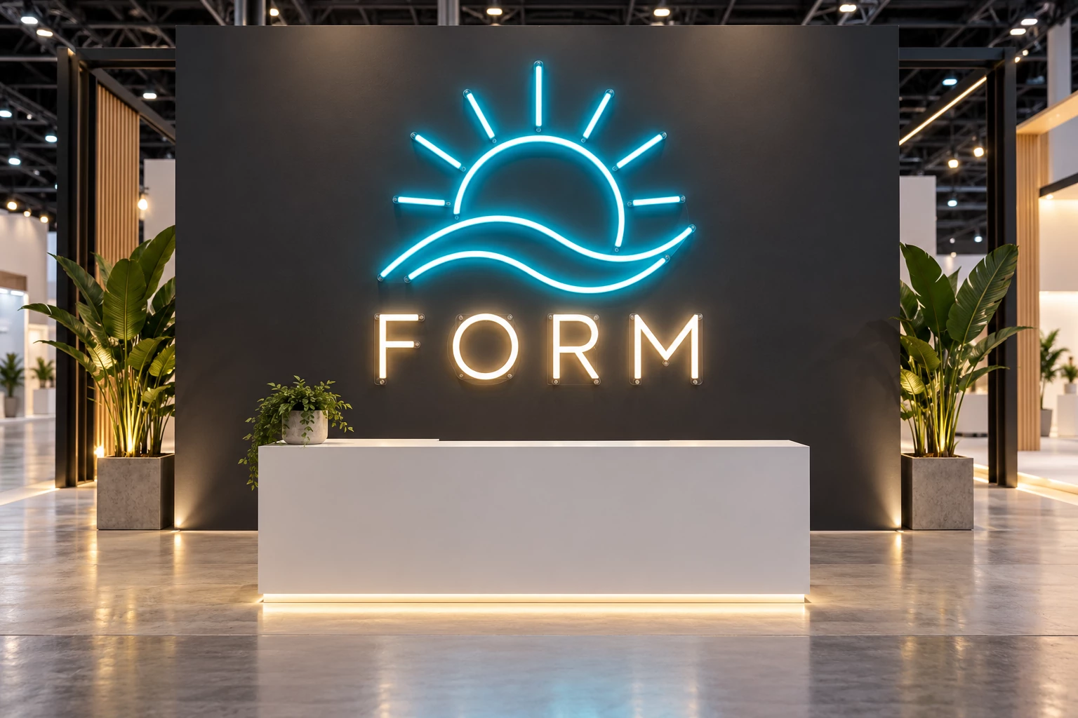 Cyan sun and wave LED neon emblem with warm white FORM lettering on a charcoal exhibition booth wall