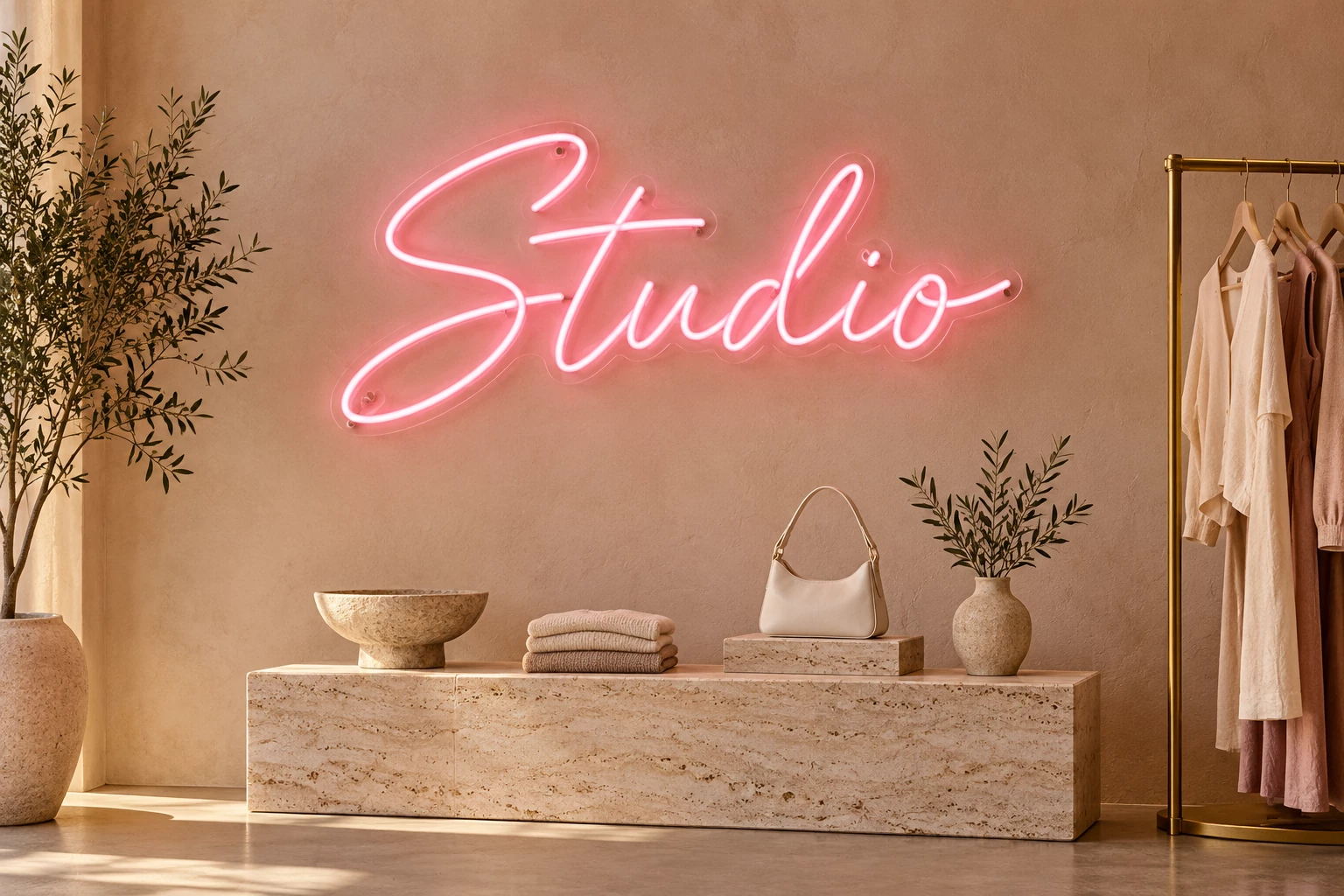 Rose pink Studio LED neon lettering on a clear acrylic backboard above a display plinth inside a modern boutique