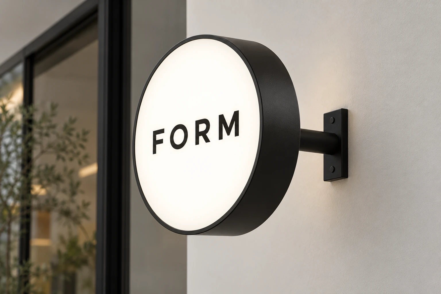 Round FORM lightbox with a black metal rim and illuminated white face on a projecting wall bracket