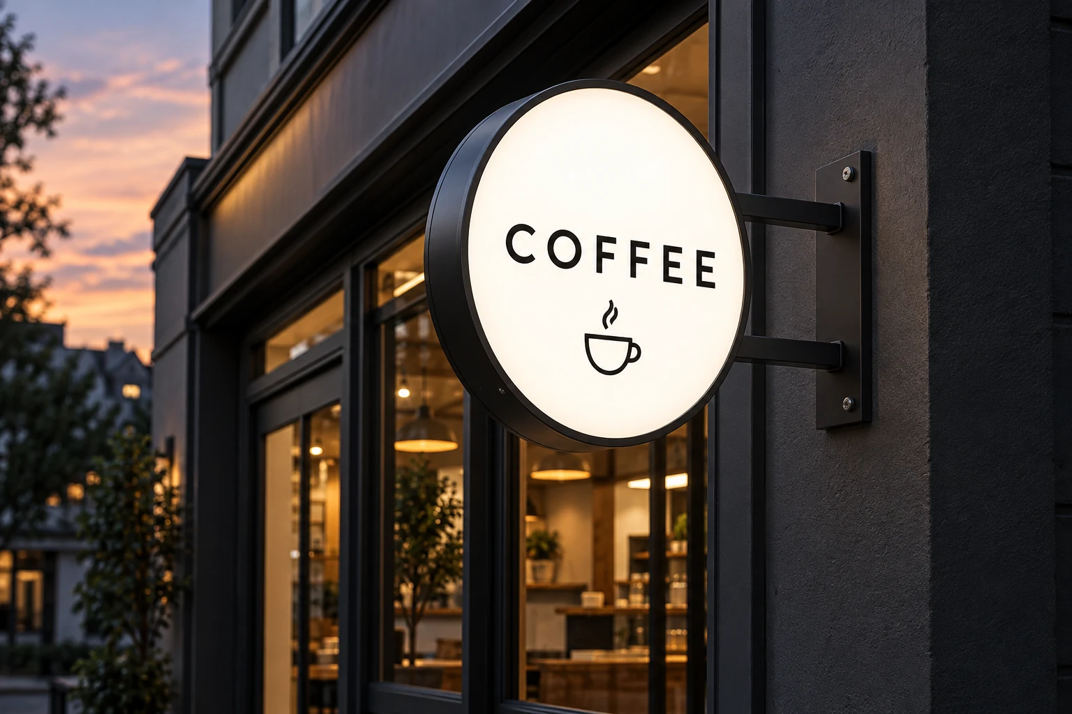 Round illuminated COFFEE lightbox sign projecting from a storefront wall